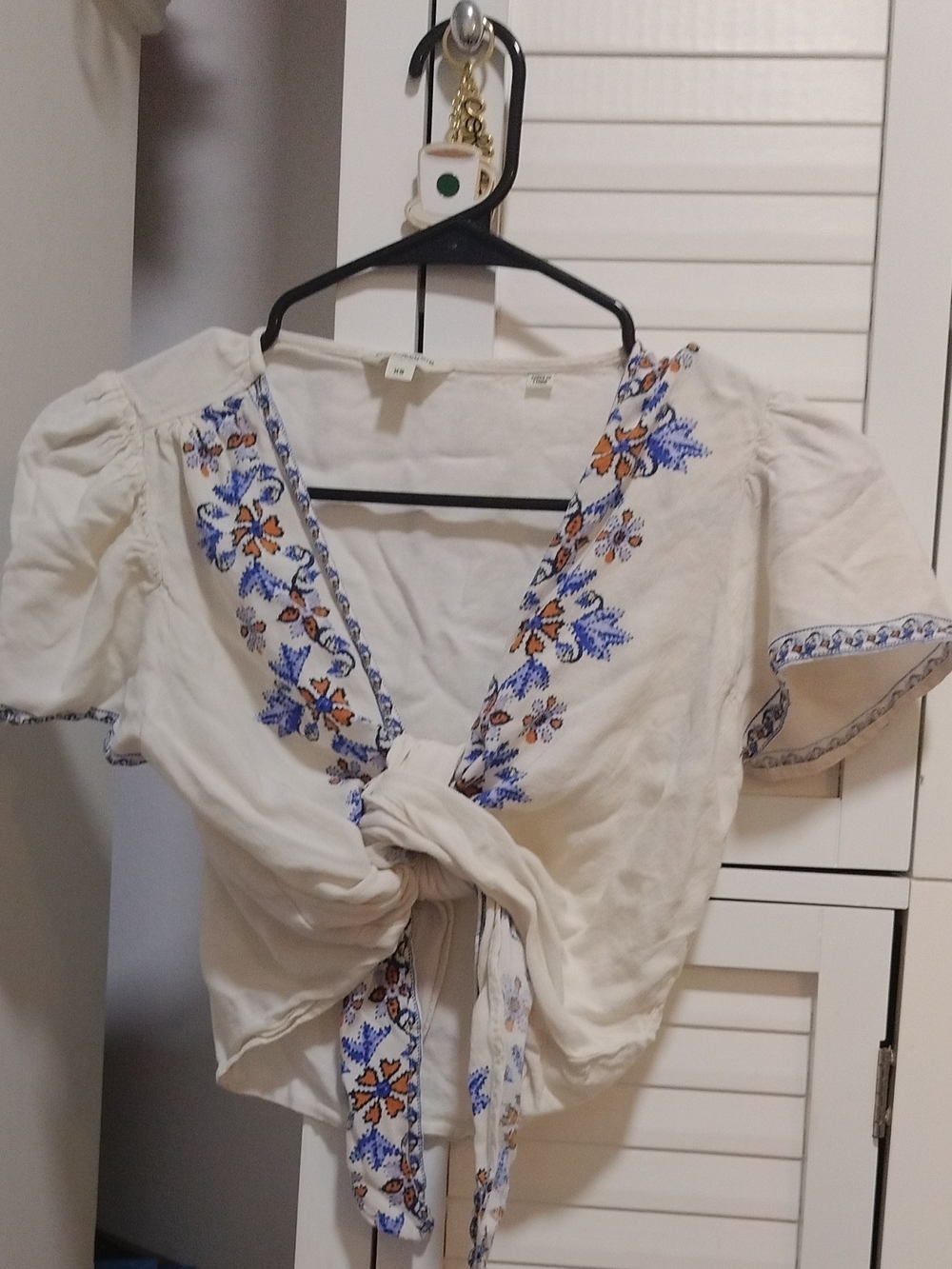Max Studio White Blue Boho Tied Crop